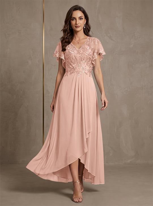 A-Line/Princess V-Neck Chiffon Mother of the Bride Dresses Asymmetrical Ankle-Length Lace Sequins Short Sleeves