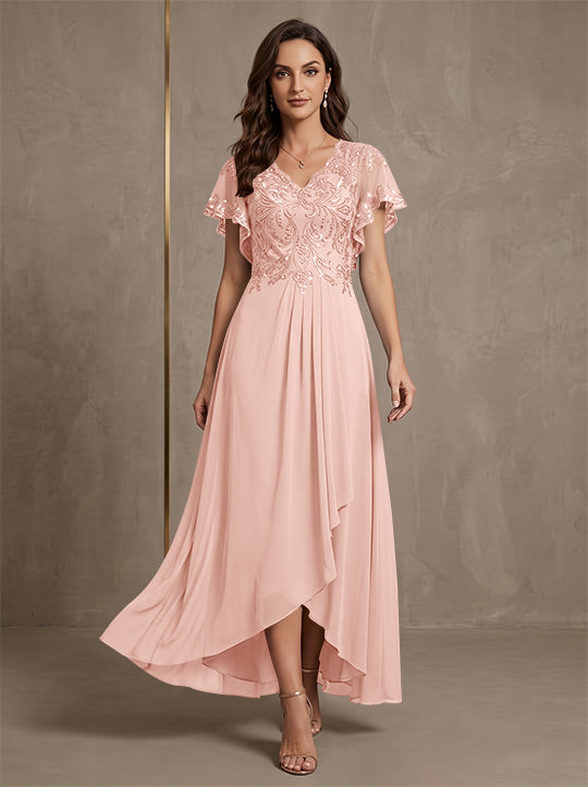 A-Line/Princess V-Neck Chiffon Mother of the Bride Dresses Asymmetrical Ankle-Length Lace Sequins Short Sleeves