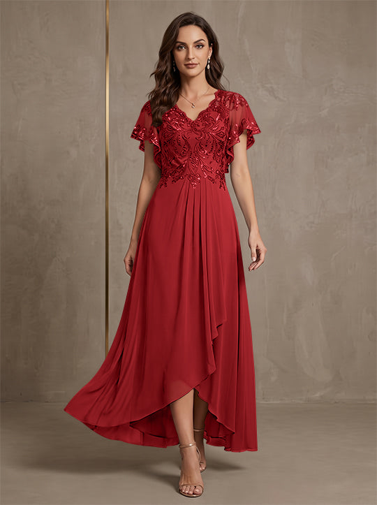 A-Line/Princess V-Neck Chiffon Mother of the Bride Dresses Asymmetrical Ankle-Length Lace Sequins Short Sleeves
