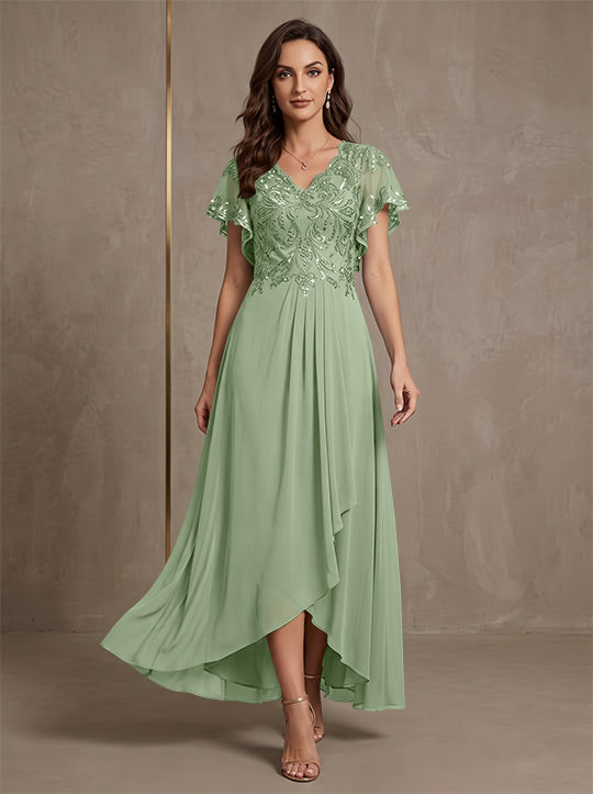 A-Line/Princess V-Neck Chiffon Mother of the Bride Dresses Asymmetrical Ankle-Length Lace Sequins Short Sleeves