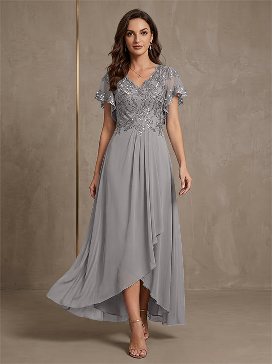 A-Line/Princess V-Neck Chiffon Mother of the Bride Dresses Asymmetrical Ankle-Length Lace Sequins Short Sleeves