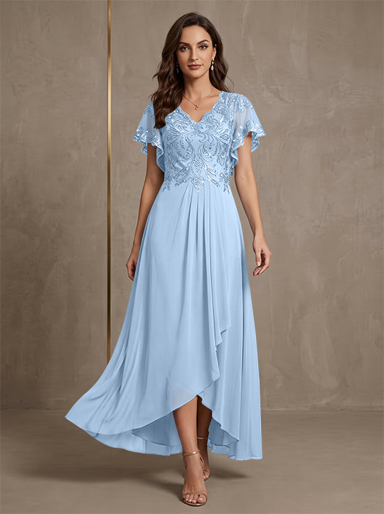 A-Line/Princess V-Neck Chiffon Mother of the Bride Dresses Asymmetrical Ankle-Length Lace Sequins Short Sleeves