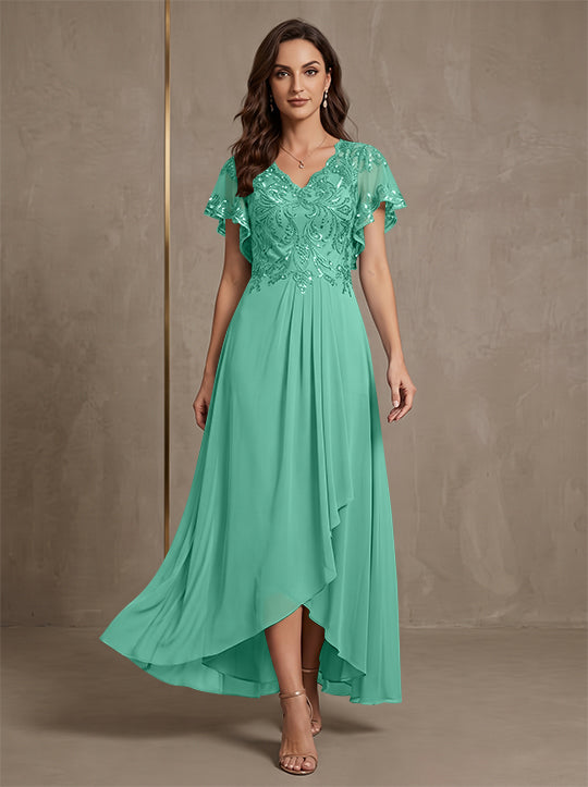 A-Line/Princess V-Neck Chiffon Mother of the Bride Dresses Asymmetrical Ankle-Length Lace Sequins Short Sleeves