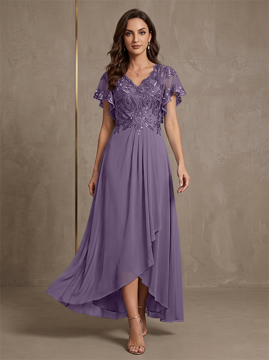 A-Line/Princess V-Neck Chiffon Mother of the Bride Dresses Asymmetrical Ankle-Length Lace Sequins Short Sleeves