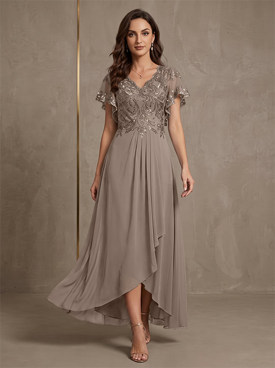 A-Line/Princess V-Neck Chiffon Mother of the Bride Dresses Asymmetrical Ankle-Length Lace Sequins Short Sleeves