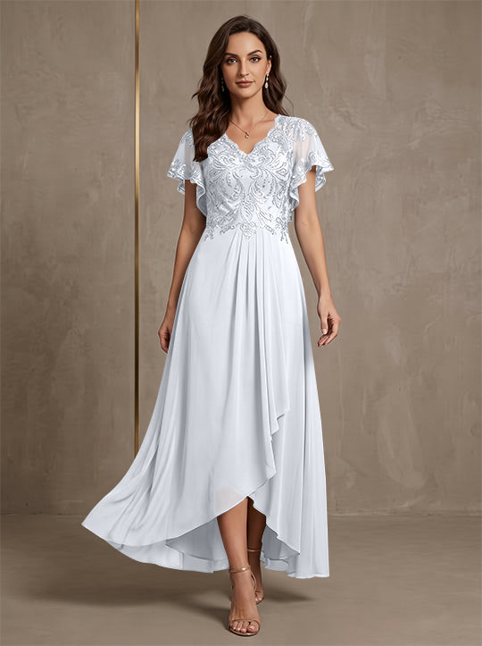 A-Line/Princess V-Neck Chiffon Mother of the Bride Dresses Asymmetrical Ankle-Length Lace Sequins Short Sleeves
