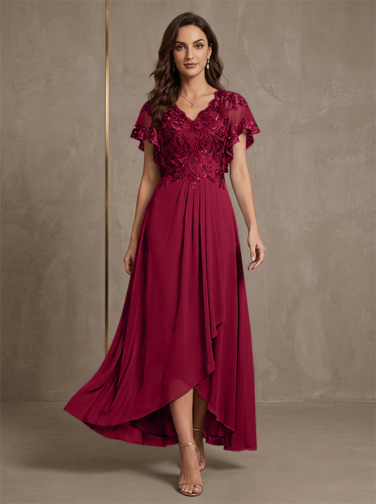 A-Line/Princess V-Neck Chiffon Mother of the Bride Dresses Asymmetrical Ankle-Length Lace Sequins Short Sleeves
