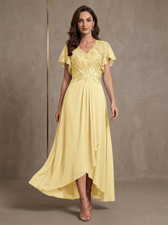 A-Line/Princess V-Neck Chiffon Mother of the Bride Dresses Asymmetrical Ankle-Length Lace Sequins Short Sleeves