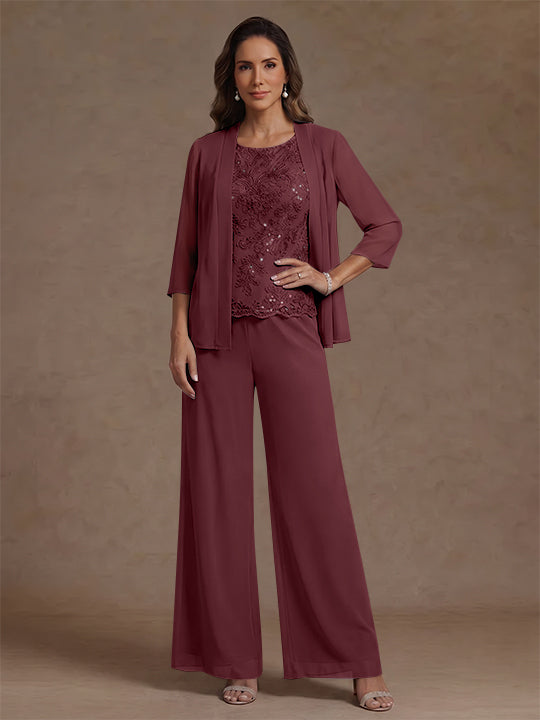 3 Pieces Suit Chiffon Mother of the Bride Pantsuits with Jacket Scoop 3/4 Sleeves Ankle Length Lace Sequins