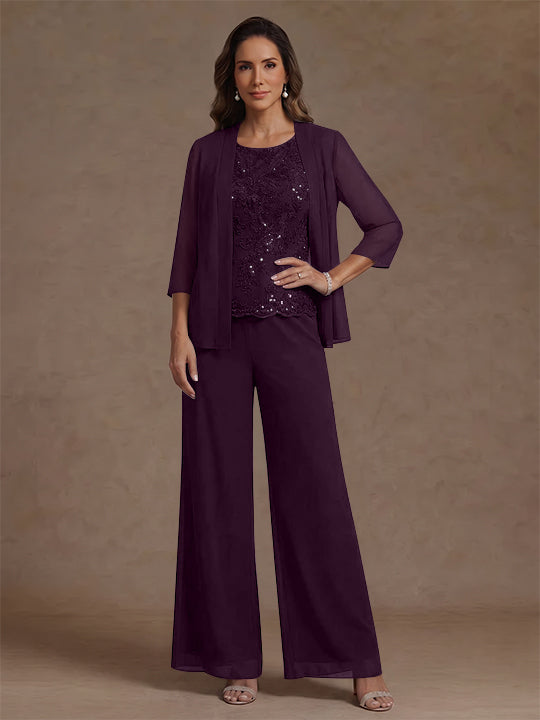 3 Pieces Suit Chiffon Mother of the Bride Pantsuits with Jacket Scoop 3/4 Sleeves Ankle Length Lace Sequins