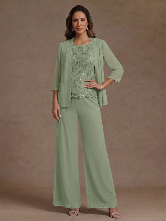 3 Pieces Suit Chiffon Mother of the Bride Pantsuits with Jacket Scoop 3/4 Sleeves Ankle Length Lace Sequins