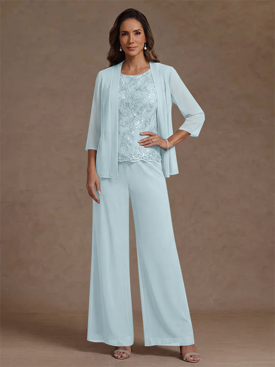 3 Pieces Suit Chiffon Mother of the Bride Pantsuits with Jacket Scoop 3/4 Sleeves Ankle Length Lace Sequins