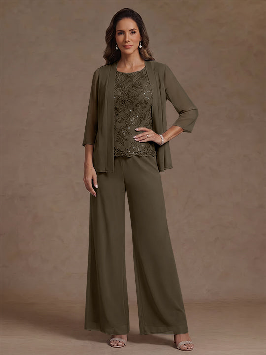 3 Pieces Suit Chiffon Mother of the Bride Pantsuits with Jacket Scoop 3/4 Sleeves Ankle Length Lace Sequins