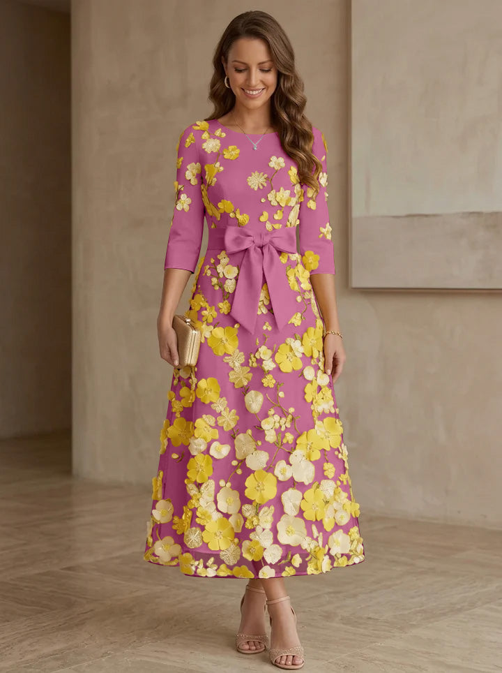 A-Line/Princess Scoop Satin  Mother of the Bride Dresses with Bowknot Lace Floral 3/4 Sleeves Tea-Length