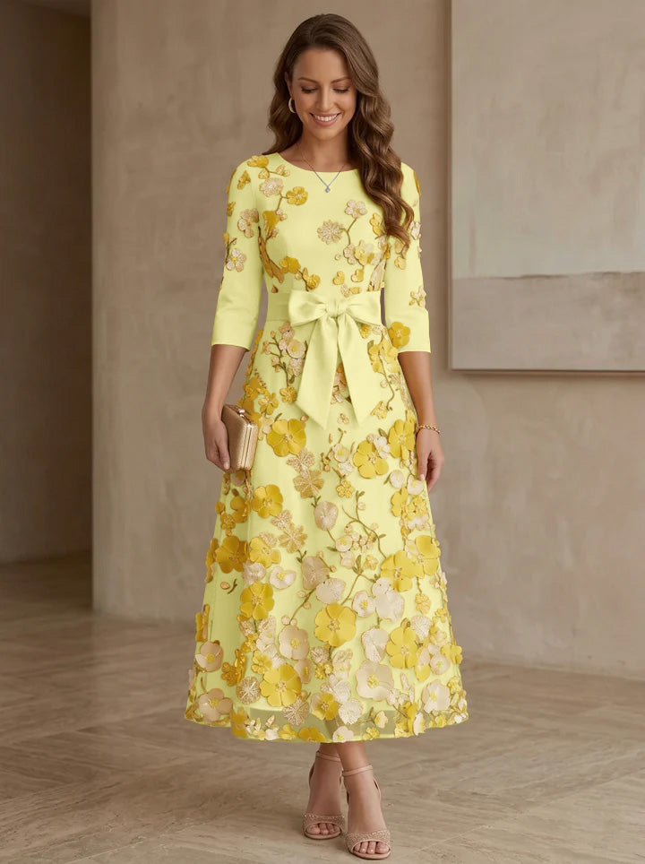 A-Line/Princess Scoop Satin  Mother of the Bride Dresses with Bowknot Lace Floral 3/4 Sleeves Tea-Length