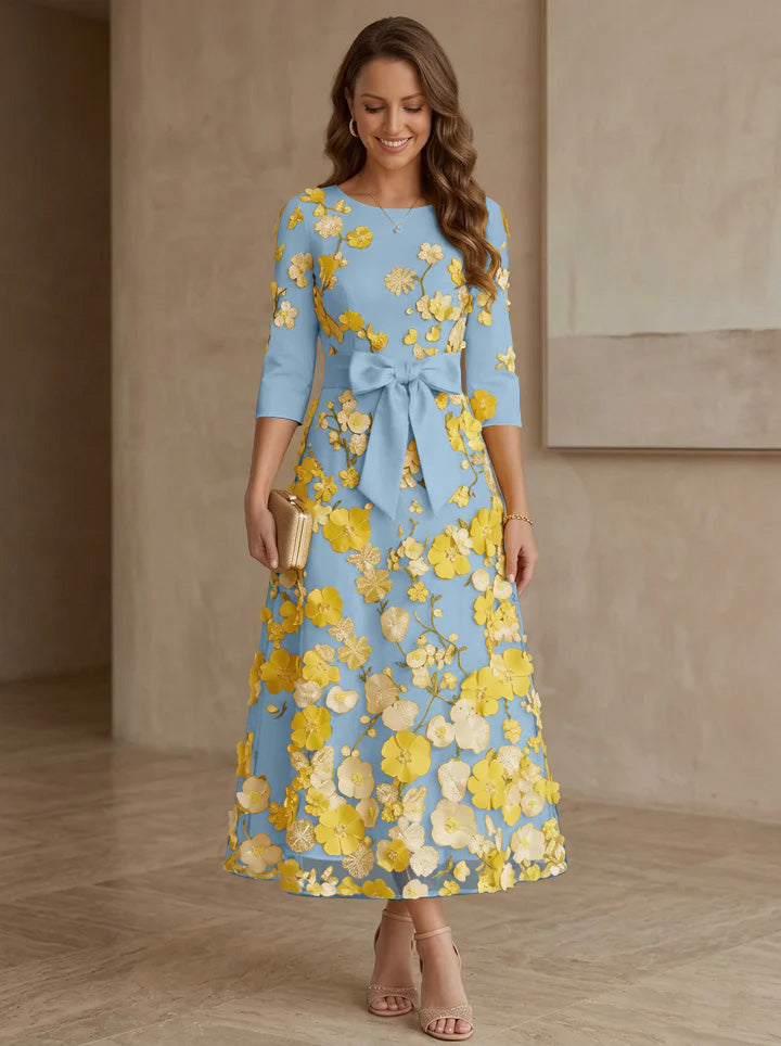 A-Line/Princess Scoop Satin  Mother of the Bride Dresses with Bowknot Lace Floral 3/4 Sleeves Tea-Length