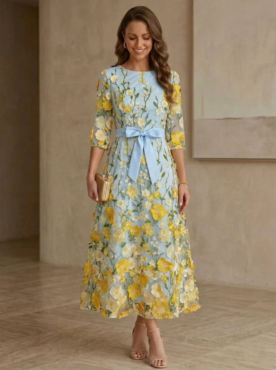 A-Line/Princess Scoop Satin  Mother of the Bride Dresses with Bowknot Lace Floral 3/4 Sleeves Tea-Length