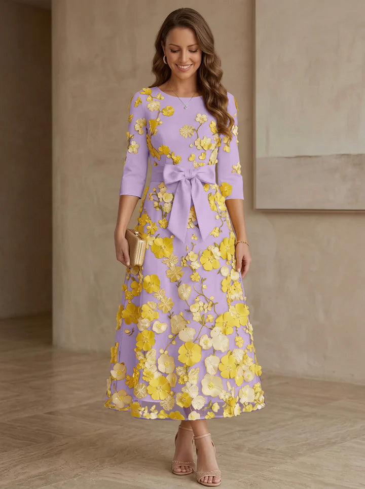 A-Line/Princess Scoop Satin  Mother of the Bride Dresses with Bowknot Lace Floral 3/4 Sleeves Tea-Length