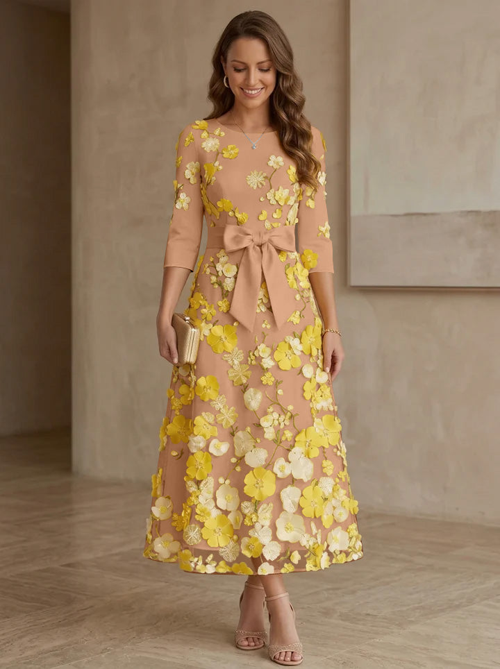 A-Line/Princess Scoop Satin  Mother of the Bride Dresses with Bowknot Lace Floral 3/4 Sleeves Tea-Length