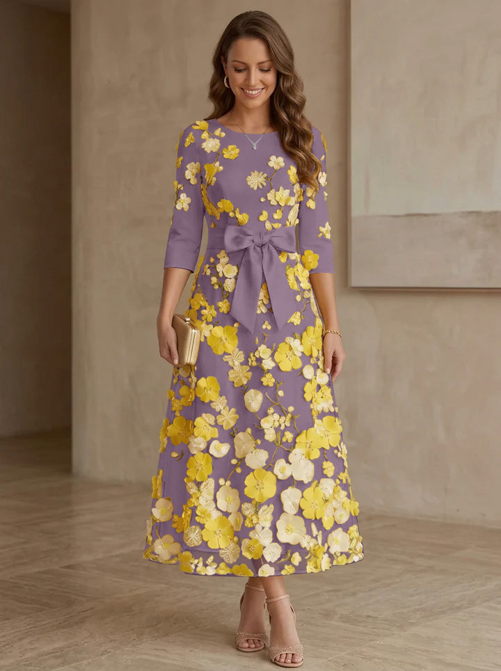 A-Line/Princess Scoop Satin  Mother of the Bride Dresses with Bowknot Lace Floral 3/4 Sleeves Tea-Length