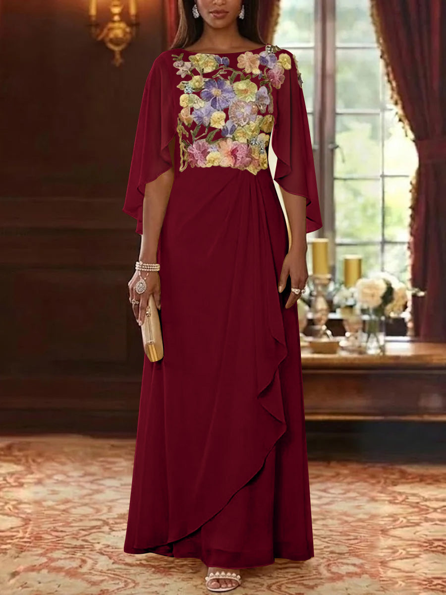 A-Line/Princess Scoop Chiffon Mother of the Bride Dresses Lace Floral Floor-Length Cape Sleeves