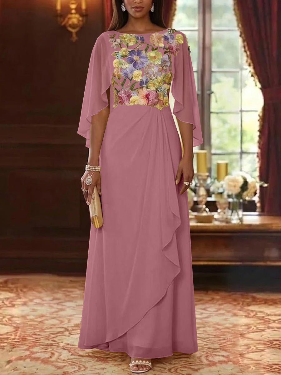 A-Line/Princess Scoop Chiffon Mother of the Bride Dresses Lace Floral Floor-Length Cape Sleeves