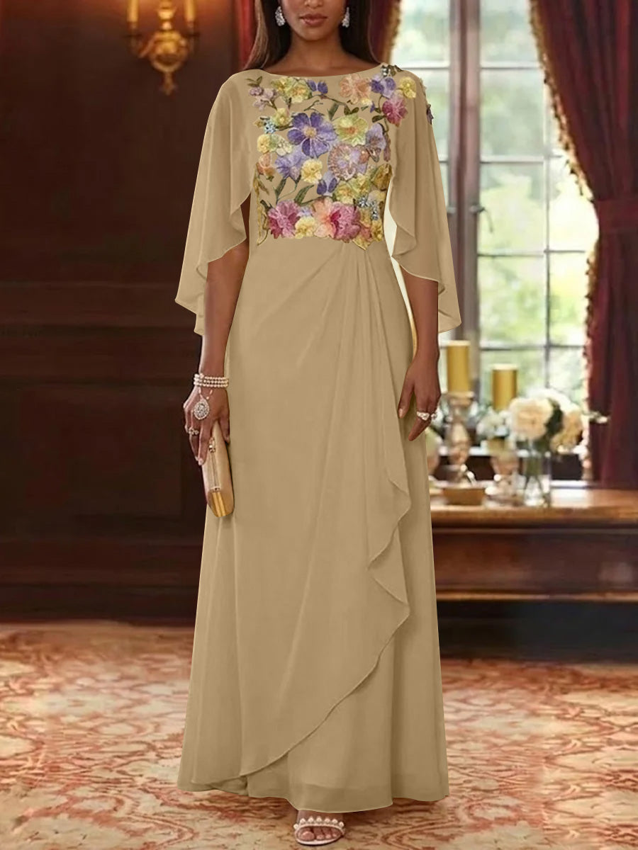 A-Line/Princess Scoop Chiffon Mother of the Bride Dresses Lace Floral Floor-Length Cape Sleeves