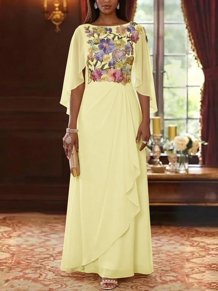 A-Line/Princess Scoop Chiffon Mother of the Bride Dresses Lace Floral Floor-Length Cape Sleeves