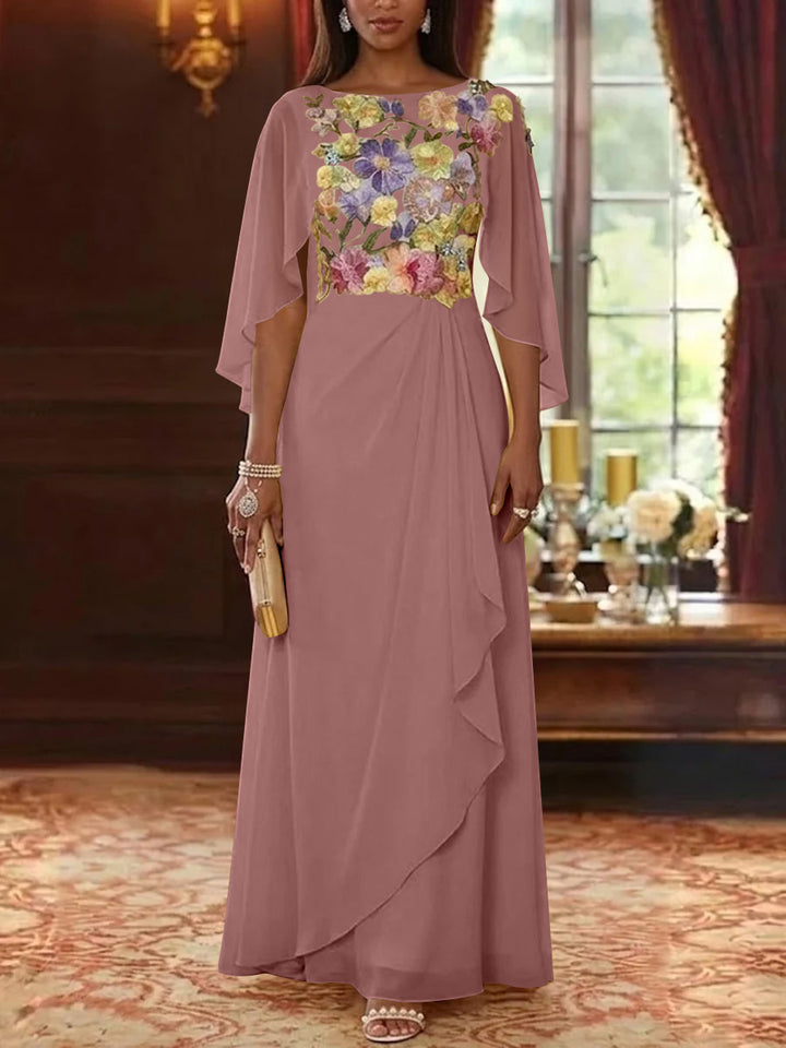 A-Line/Princess Scoop Chiffon Mother of the Bride Dresses Lace Floral Floor-Length Cape Sleeves