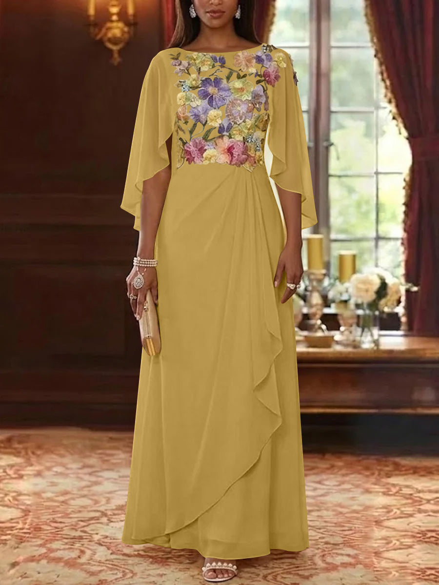 A-Line/Princess Scoop Chiffon Mother of the Bride Dresses Lace Floral Floor-Length Cape Sleeves