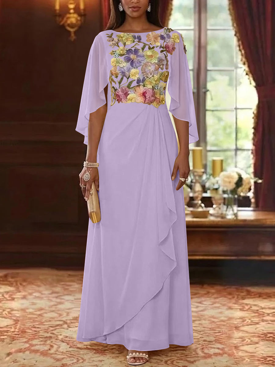 A-Line/Princess Scoop Chiffon Mother of the Bride Dresses Lace Floral Floor-Length Cape Sleeves