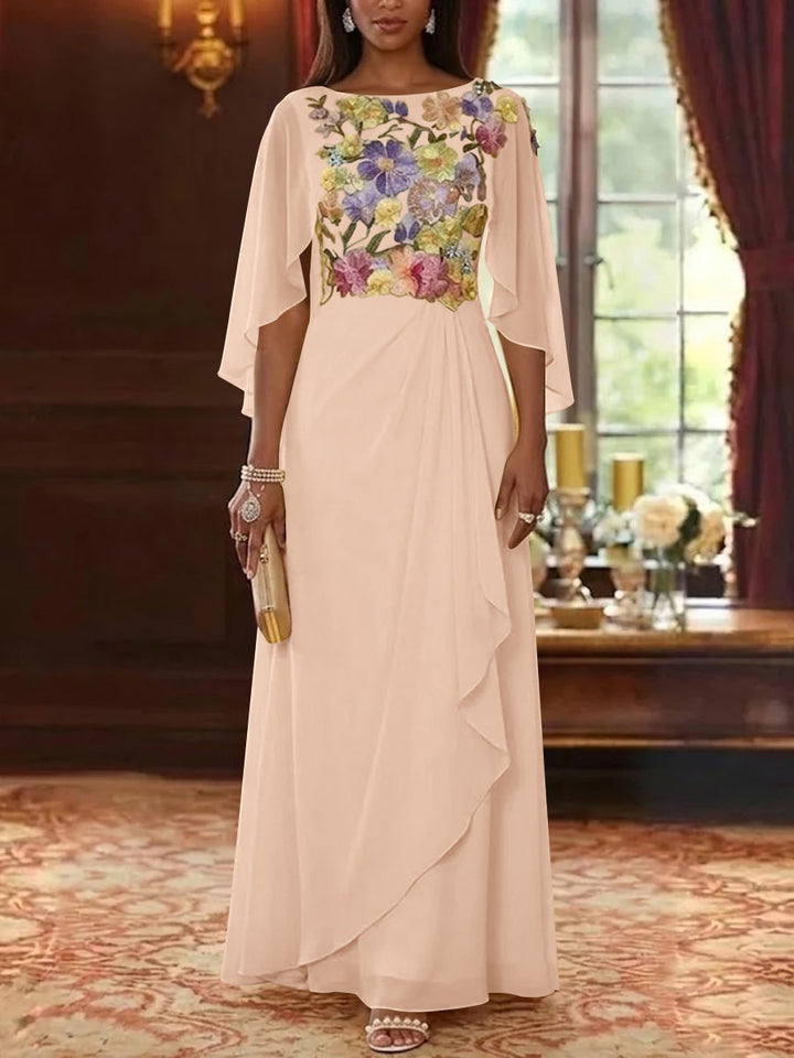 A-Line/Princess Scoop Chiffon Mother of the Bride Dresses Lace Floral Floor-Length Cape Sleeves