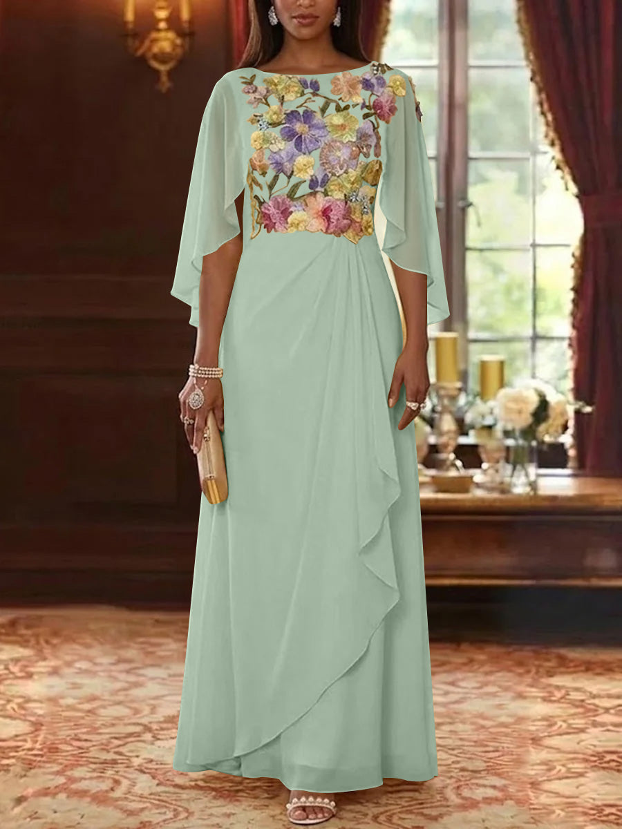 A-Line/Princess Scoop Chiffon Mother of the Bride Dresses Lace Floral Floor-Length Cape Sleeves