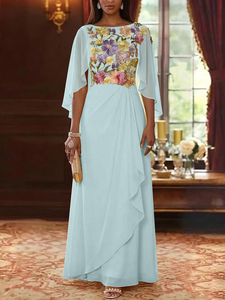 A-Line/Princess Scoop Chiffon Mother of the Bride Dresses Lace Floral Floor-Length Cape Sleeves