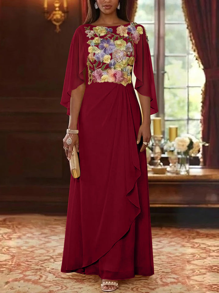 A-Line/Princess Scoop Chiffon Mother of the Bride Dresses Lace Floral Floor-Length Cape Sleeves