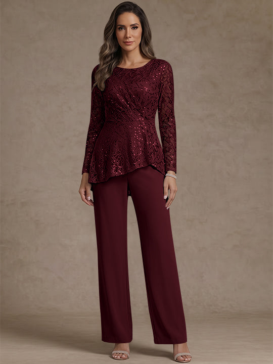 3 Pieces Suit Scoop Chiffon Mother of the Bride Pantsuits Lace Ankle-Length Long Sleeves