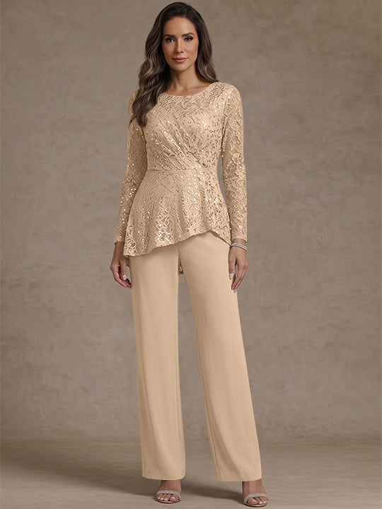 3 Pieces Suit Scoop Chiffon Mother of the Bride Pantsuits Lace Ankle-Length Long Sleeves