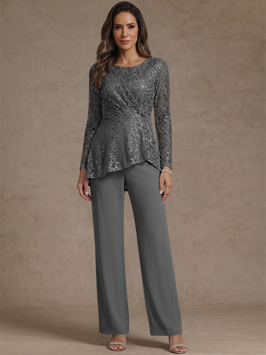 3 Pieces Suit Scoop Chiffon Mother of the Bride Pantsuits Lace Ankle-Length Long Sleeves