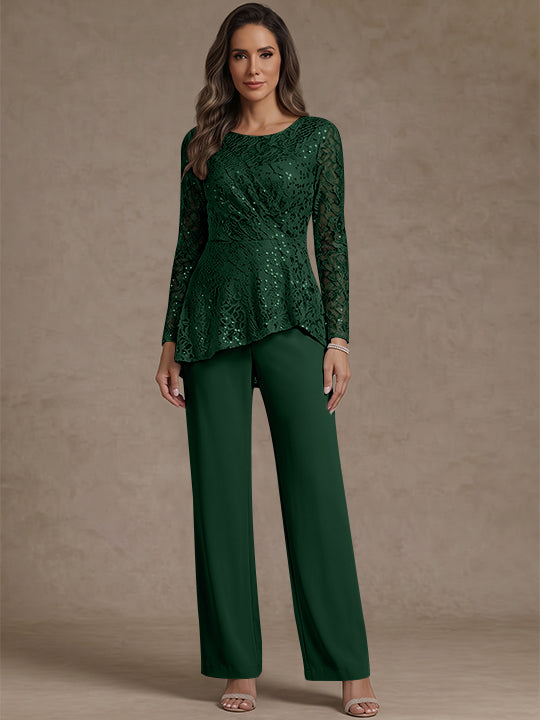 3 Pieces Suit Scoop Chiffon Mother of the Bride Pantsuits Lace Ankle-Length Long Sleeves