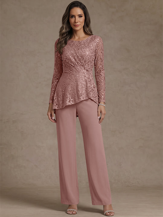 3 Pieces Suit Scoop Chiffon Mother of the Bride Pantsuits Lace Ankle-Length Long Sleeves