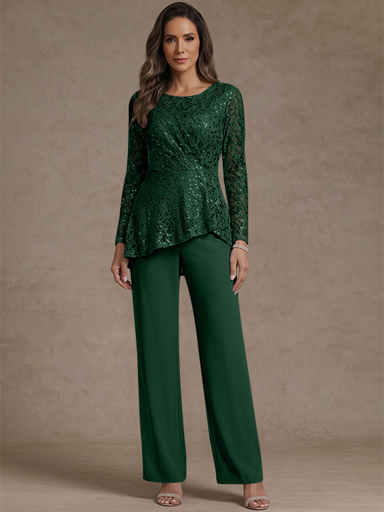 3 Pieces Suit Scoop Chiffon Mother of the Bride Pantsuits Lace Ankle-Length Long Sleeves