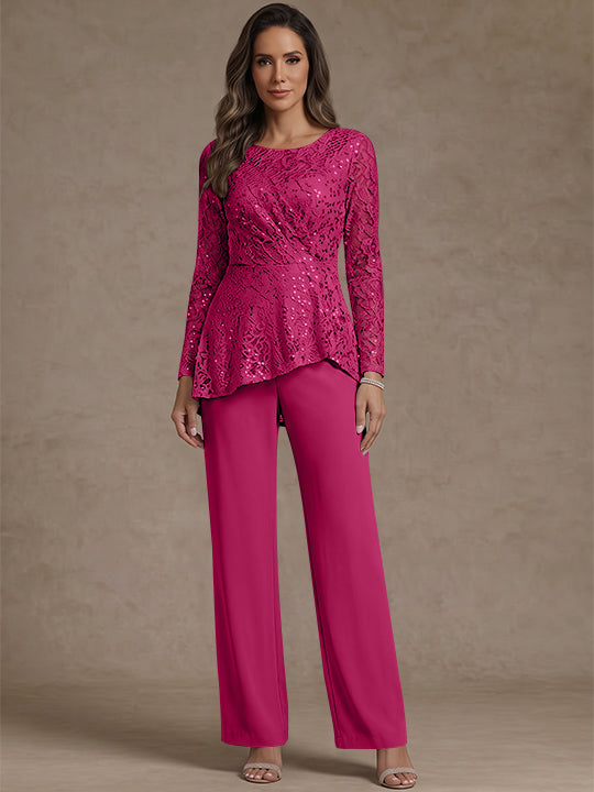 3 Pieces Suit Scoop Chiffon Mother of the Bride Pantsuits Lace Ankle-Length Long Sleeves