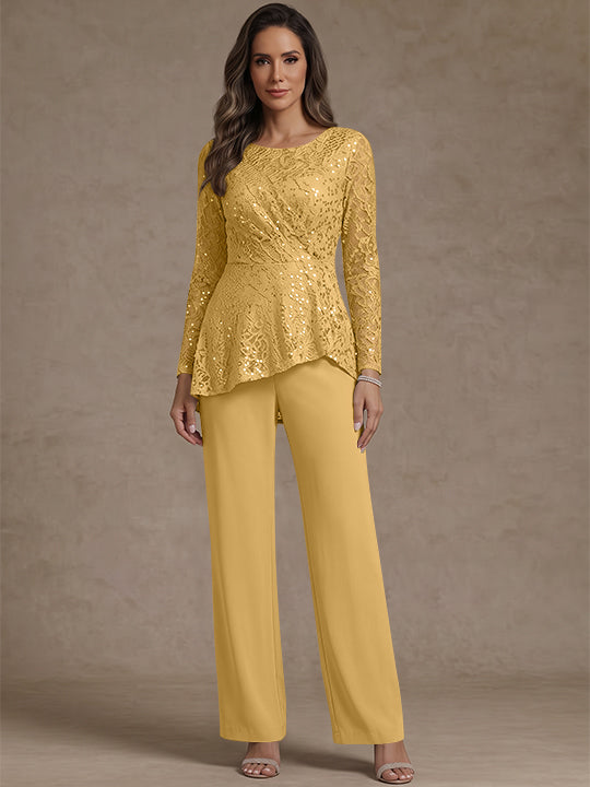 3 Pieces Suit Scoop Chiffon Mother of the Bride Pantsuits Lace Ankle-Length Long Sleeves