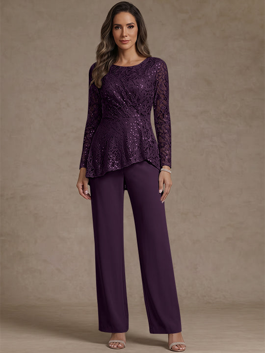 3 Pieces Suit Scoop Chiffon Mother of the Bride Pantsuits Lace Ankle-Length Long Sleeves