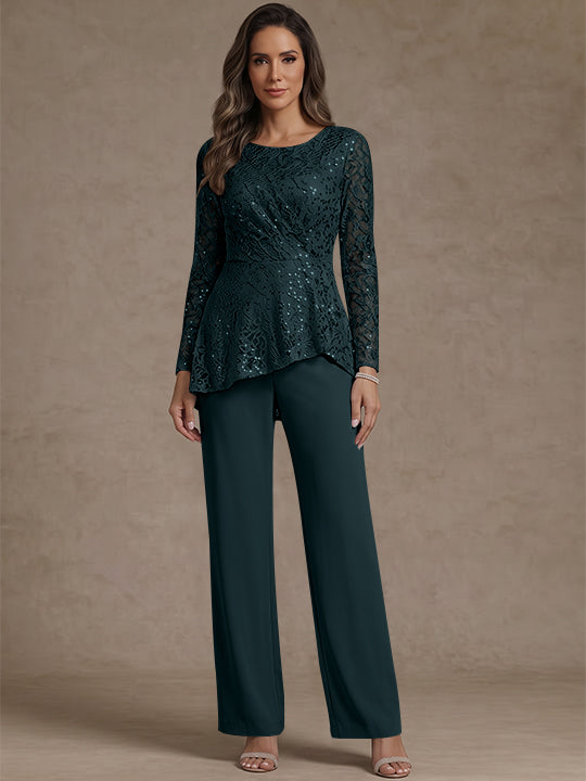 3 Pieces Suit Scoop Chiffon Mother of the Bride Pantsuits Lace Ankle-Length Long Sleeves