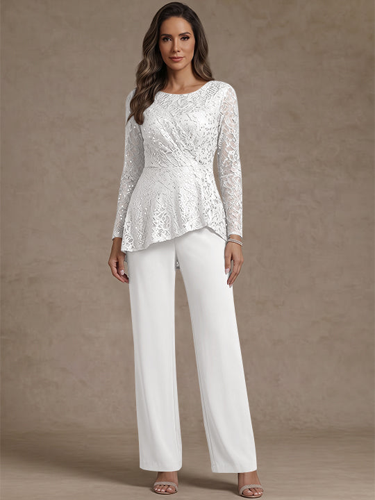 3 Pieces Suit Scoop Chiffon Mother of the Bride Pantsuits Lace Ankle-Length Long Sleeves