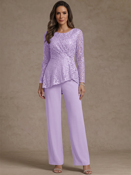 3 Pieces Suit Scoop Chiffon Mother of the Bride Pantsuits Lace Ankle-Length Long Sleeves