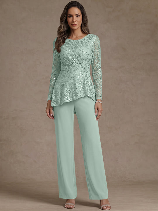3 Pieces Suit Scoop Chiffon Mother of the Bride Pantsuits Lace Ankle-Length Long Sleeves