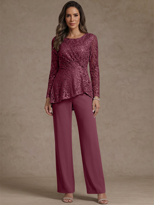 3 Pieces Suit Scoop Chiffon Mother of the Bride Pantsuits Lace Ankle-Length Long Sleeves