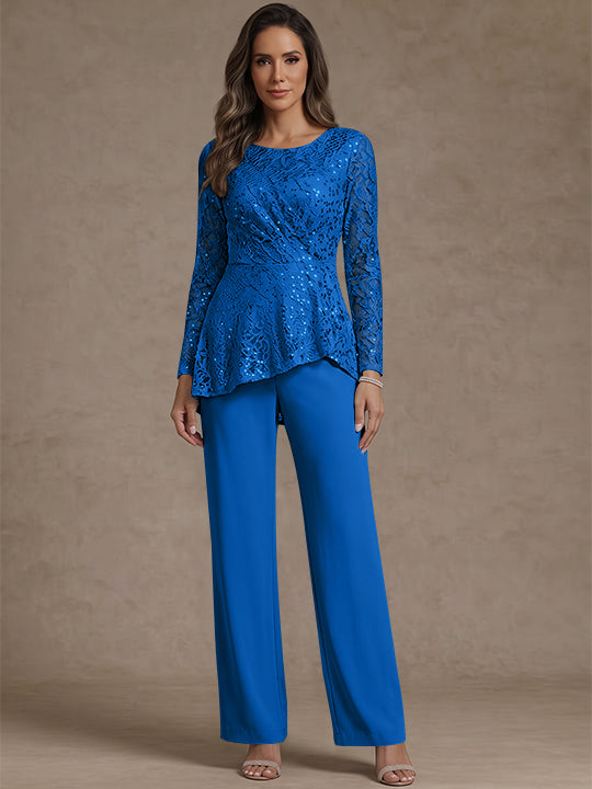 3 Pieces Suit Scoop Chiffon Mother of the Bride Pantsuits Lace Ankle-Length Long Sleeves